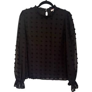 ANDREE BY UNIT Black Swiss‎ Dot Poet Sleeve Mock Neck Top